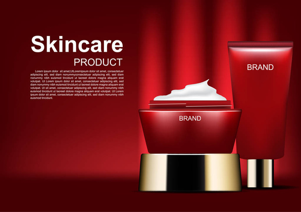 Anúncios cosméticos, creme hidratante aberto e tubo cosmético vermelho no fundo vermelho
 - Vetor, Imagem