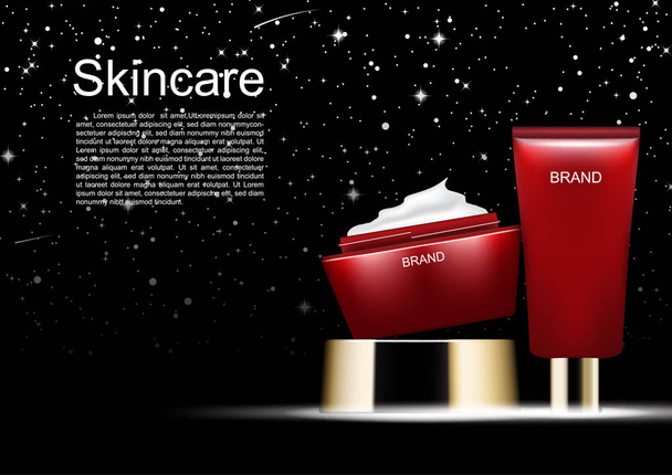 Plantilla de anuncios cosméticos, conjunto cosmético rojo con fondo nocturno estrellado
 - Vector, imagen