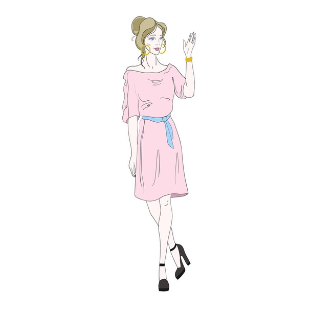 Vector illustration. Image of a standing girl in a pink dress - Διάνυσμα, εικόνα