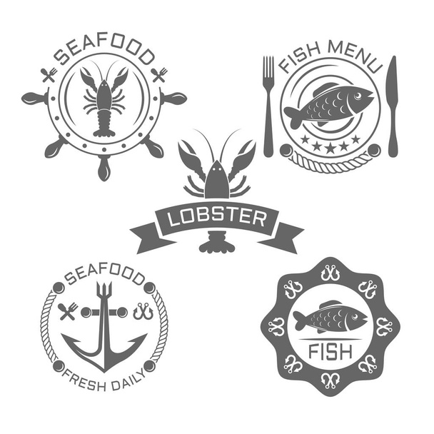 Seafood vintage vector emblems or labels on white - Vektör, Görsel