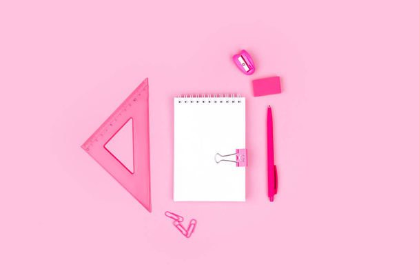 School stationery on a pink background. Back to school creative illustration, template. - Foto, imagen