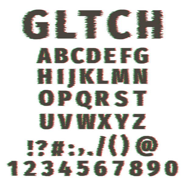 Glitch ábécé torz betűtípust betűk és számok. Vektor hibás pixel hatás, régi torz Tv mátrix szett. - Vektor, kép