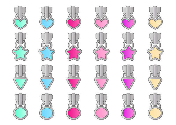 Set of vector cute little locks in light pink, purple, green, blue, yellow colors. Element of design for lol doll surprise themed girls party. Silver metallic zipper star, oval, heart, triangle shaped - Vector, Image