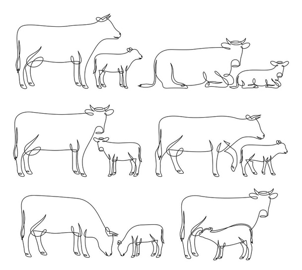 Непрерывная линия рисования коров и телят в различных позах, изолированных на белом для ферм, продуктов питания, мясной промышленности, упаковки молочных продуктов и брендинга
. - Вектор,изображение