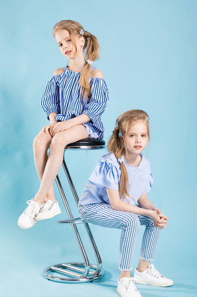 Дівчата близнюки в світло-блакитному одязі позують біля барного стільця на синьому фоні
. - Фото, зображення