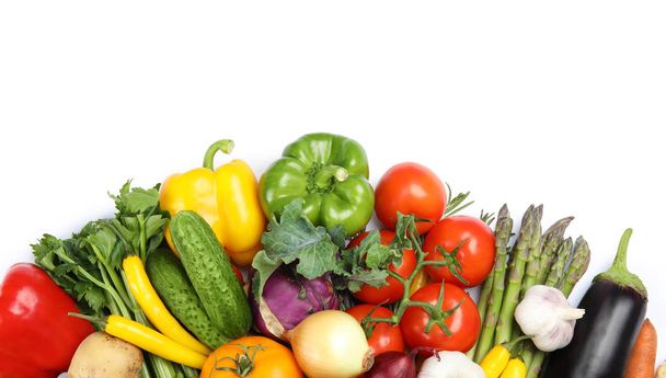 Many fresh ripe vegetables on white background, top view. Space for text - Foto, immagini