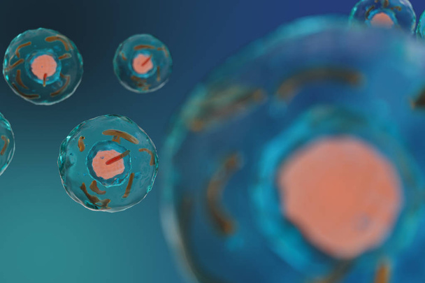 3D иллюстрационная клетка живого организма, научная концепция. Иллюстрация на синем фоне. Структура клетки на молекулярном уровне, под микроскопом. зашифрованная ДНК в клетке
. - Фото, изображение