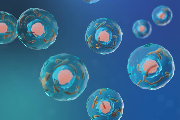 3D ілюстрація клітин живих організмів, наукові концепції. Ілюстрація на синьому тлі. Структура клітин на молекулярному рівні, під мікроскопом. зашифрований ДНК у клітинці. - Фото, зображення