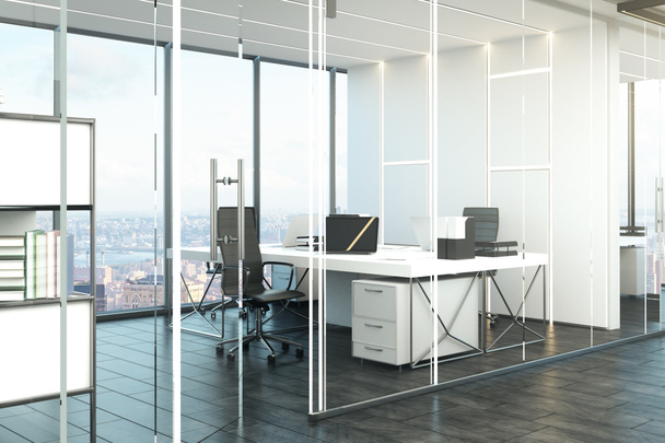 Moderni toimisto sisustus panoraamanäköalalla kaupunkiin ja huonekalut. 3D-renderointi
  - Valokuva, kuva