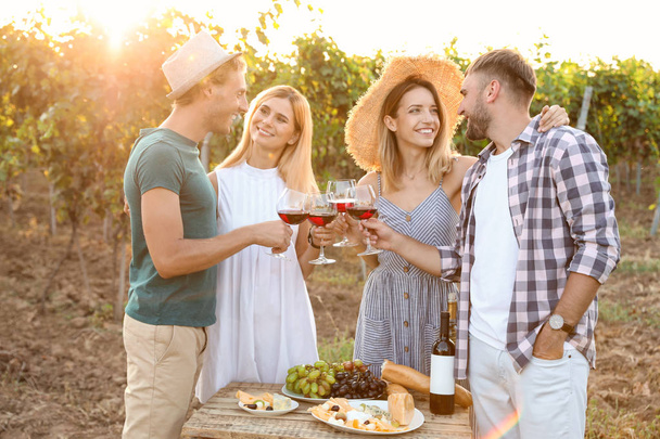 Friends tasting wine and having fun on vineyard picnic - Photo, Image