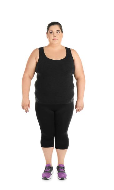 Portrait of overweight woman on white background - Foto, Imagen