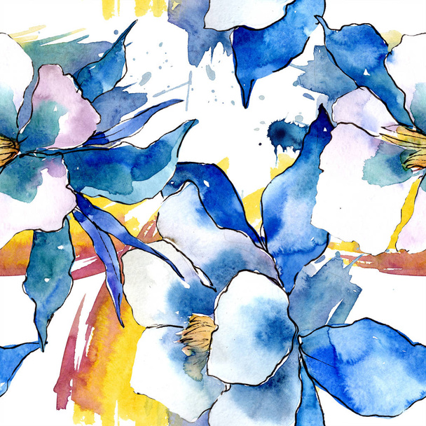 Akvarell színes aquilegia virág. Virágos botanikai virág. Varratmentes háttérben minta. Szövet nyomtatási textúrát. Az Aquarelle vadvirág, a háttér, a textúra, a burkoló minta, a határ. - Fotó, kép