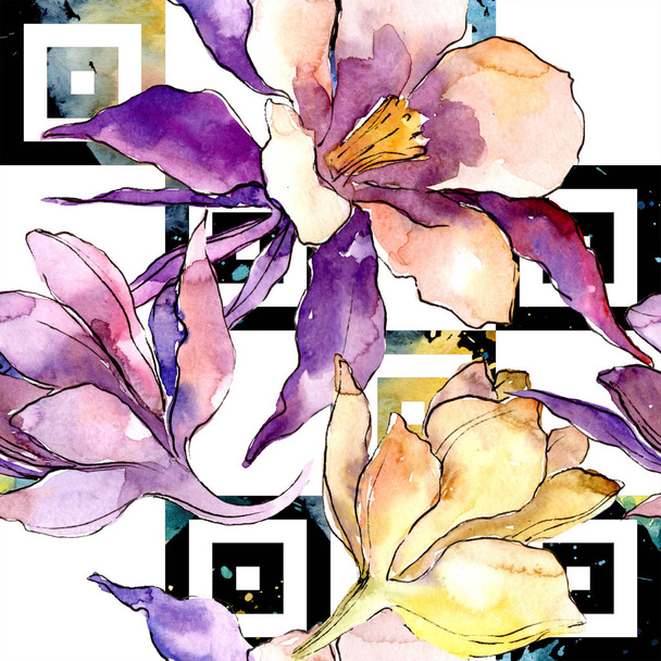 Watercolor colorful aquilegia flower. Floral botanical flower. Seamless background pattern. Fabric wallpaper print texture. Aquarelle wildflower for background, texture, wrapper pattern, border. - 写真・画像