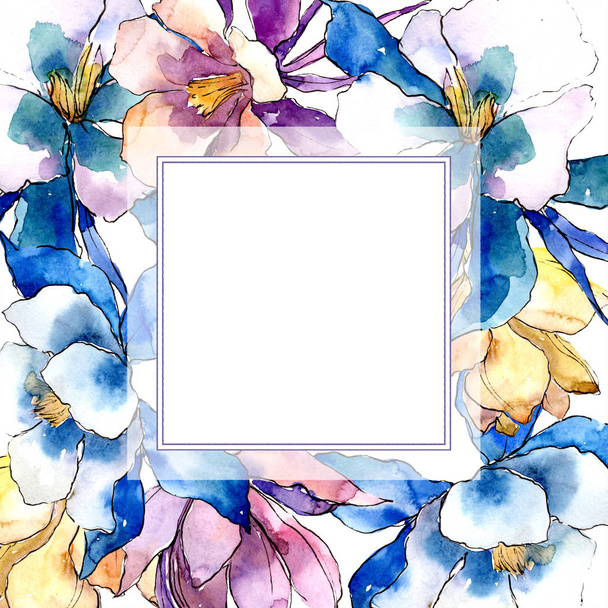 Watercolor colorful aquilegia flower. Floral botanical flower. Frame border ornament square. Aquarelle wildflower for background, texture, wrapper pattern, frame or border. - Zdjęcie, obraz