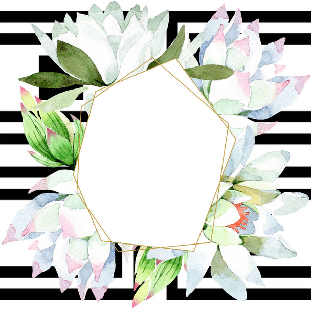 Watercolor white lotus flower. Floral botanical flower. Frame border ornament square. Aquarelle wildflower for background, texture, wrapper pattern, frame or border. - Photo, Image
