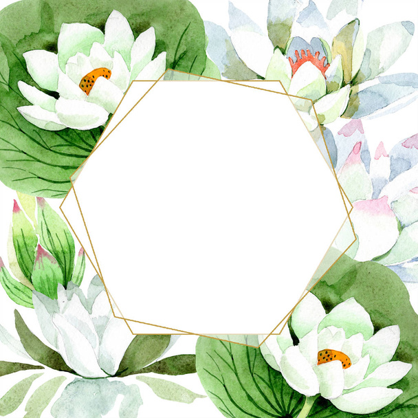 Watercolor white lotus flower. Floral botanical flower. Frame border ornament square. Aquarelle wildflower for background, texture, wrapper pattern, frame or border. - 写真・画像