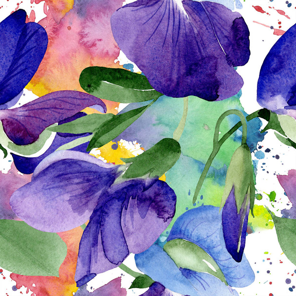 Watercolor purple sweet pea flower. Floral botanical flower. Seamless background pattern. Fabric wallpaper print texture. Aquarelle wildflower for background, texture, wrapper pattern, frame. - Photo, Image