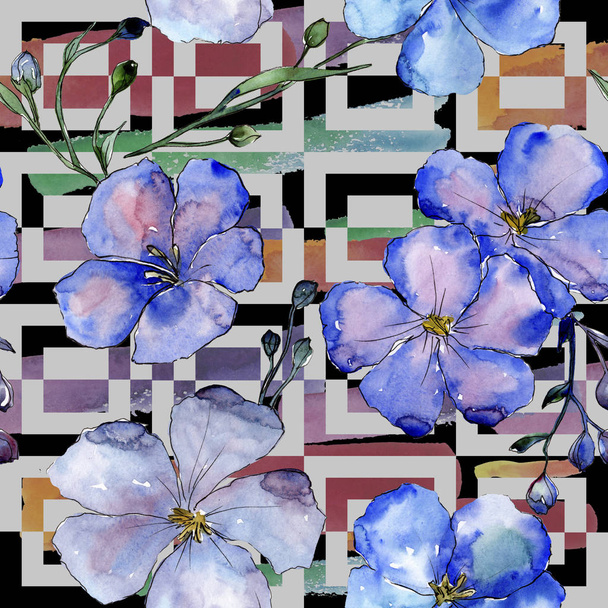 Watercolor blue flax flowers. Floral botanical flower. Seamless background pattern. Fabric wallpaper print texture. Aquarelle wildflower for background, texture, wrapper pattern, frame or border. - Photo, Image