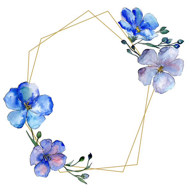 水彩の青い亜麻の花。花植物の花。フレーム枠飾りスクエア。背景、テクスチャ、ラッパー パターン、フレームや境界線の aquarelle ワイルドフラワー. - 写真・画像