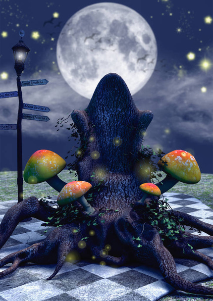Egy közeli sötét mese-jelenet egy fa trónra, a gomba és a gyertyák. - Fotó, kép
