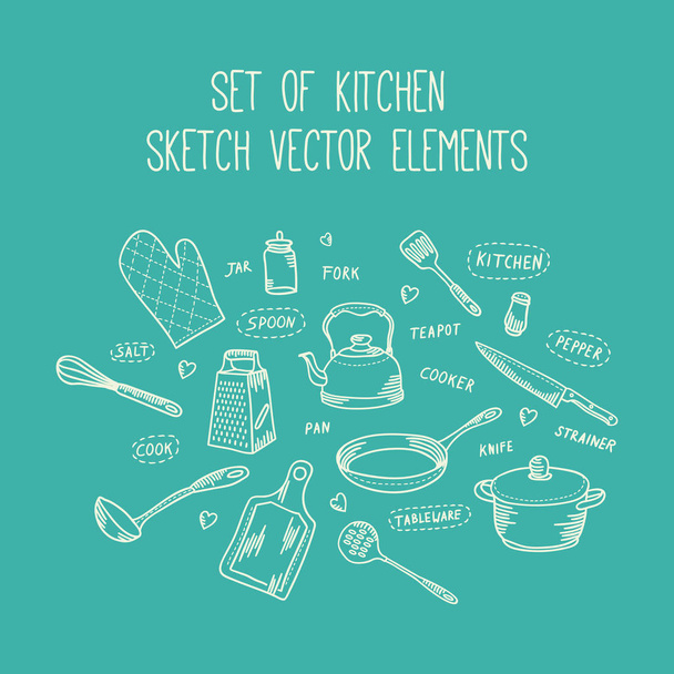 Kitchen cook sketch vector elements. Set of hand drawn kitchenware accessories in doodle style. Collection of kitchen supplies icons for cooking - Vector, Image