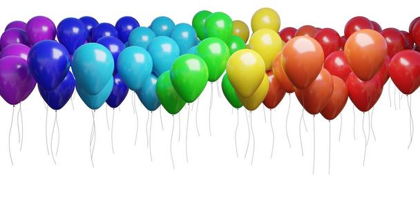 Veel vliegende kleurrijke ballonnen geïsoleerd op een witte achtergrond. 3D-gerenderde afbeelding. - Foto, afbeelding
