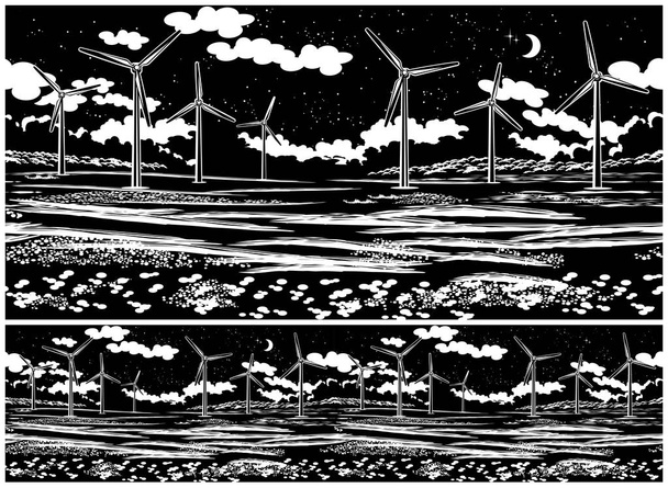 Ilustración de un campo pintoresco con generadores de viento por la noche. Sin fisuras horizontalmente si es necesario
 - Vector, imagen