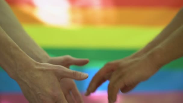 Young men holding hands on rainbow flag background, gay community, acceptance - Footage, Video