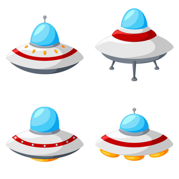 Set of colorful alien spaceships isolated on white background - Vector, Image