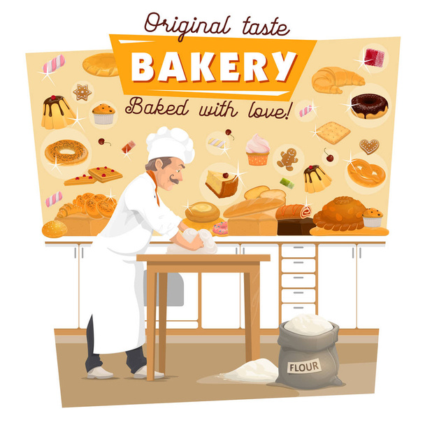 Vector baker knead dough at bakery kitchen - Vector, Image