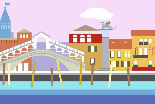 Βενετία πόλη πολύχρωμο επίπεδη στυλ διανυσματική απεικόνιση. Cityscape με ανάχωμα και κτίρια. Σύνθεση για το σχεδιασμό σας - Διάνυσμα, εικόνα