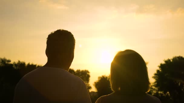 Σιλουέτα του ανώτερος ζευγάρι βλέποντας ηλιοβασίλεμα μαζί, ασφαλή γεράματα, ευημερία - Πλάνα, βίντεο