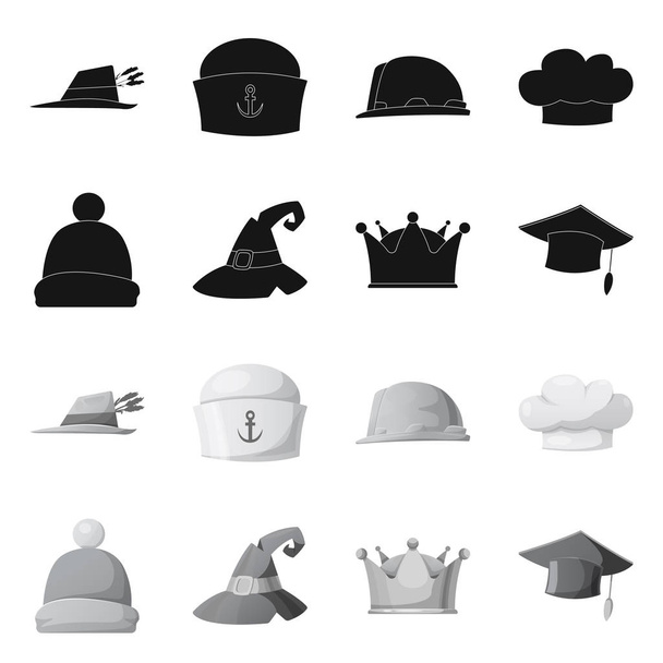Vector illustration of headgear and cap symbol. Set of headgear and accessory stock symbol for web. - Wektor, obraz