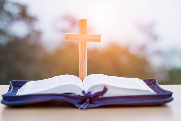 open Bible, script in blur with focus on palm cross,on sunrise background, Crucifix, Symbol of Faith. - Photo, Image