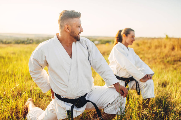 Two female karate with male instructor on training in summer field. Martial art workout outdoor, technique practice - Photo, Image