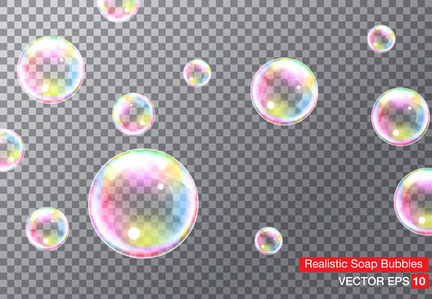 Набір реалістичних прозорих барвистих мильних бульбашок з веселковим відображенням ізольовані на картатому фоні
 - Вектор, зображення