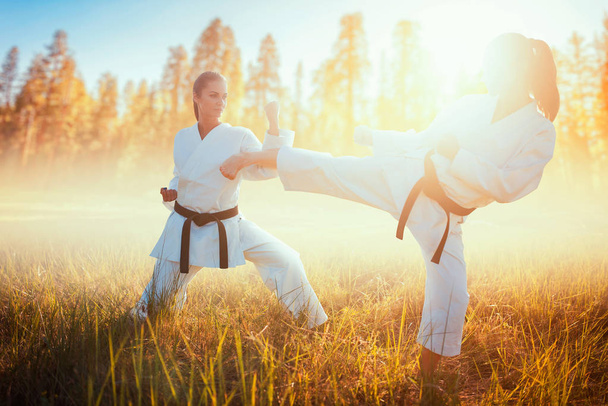 Kimono mücadele yaz alanında iki kadın karate. Savaş sanatı savaşçıları egzersiz açık, tekniği uygulaması - Fotoğraf, Görsel