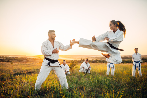 Karate-Kämpferinnen treten mit Meister auf der Flucht an. Kampfkunstkämpfer beim Outdoor-Training, Techniktraining. Foto-Manipulation mit Hintergrund - Foto, Bild