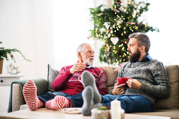 A senior father and adult son sitting on a sofa at home at Christmas time, talking. - 写真・画像
