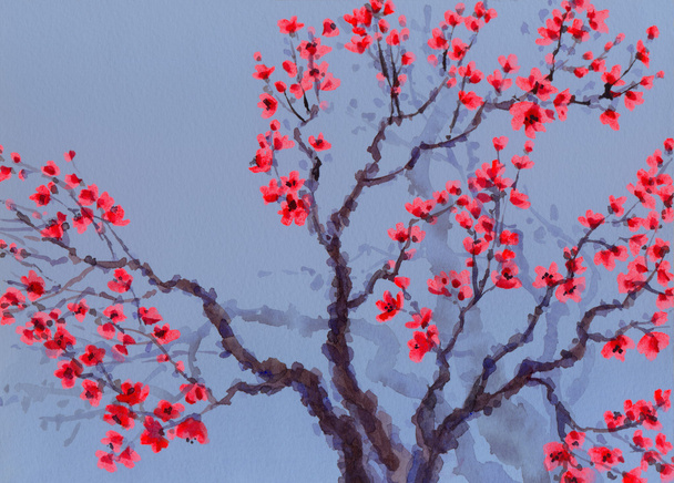 Watercolor background. Red flowers on the tree - Zdjęcie, obraz