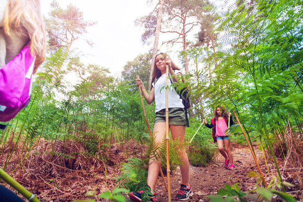 Portret van een meisje dat lopen in groep op wandeling trail tijdens zomervakantie camping schoolactiviteit - Foto, afbeelding
