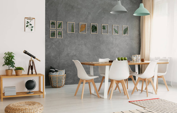 Modern, white dining chairs around a large wooden table in a botanic dining and living room interior with gray wall - Photo, Image
