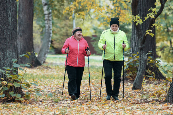 Two elderly women are involved in Scandinavian walking in the park in off-road - Photo, Image