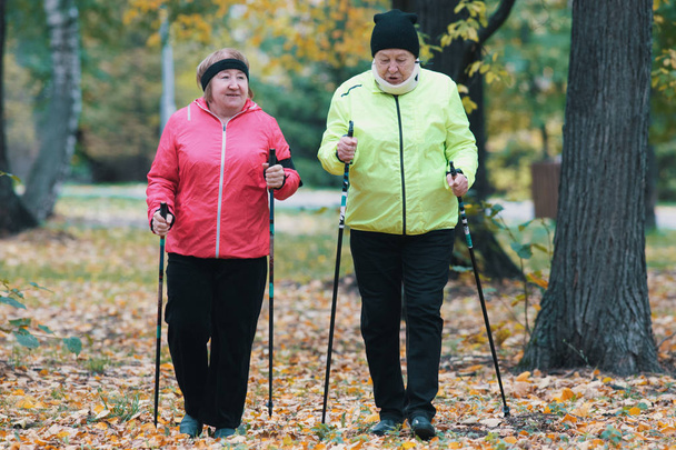 Deux vestons gonflés habillés de femmes âgées sont impliqués dans la marche scandinave dans le parc en hors route. Gros plan
 - Photo, image