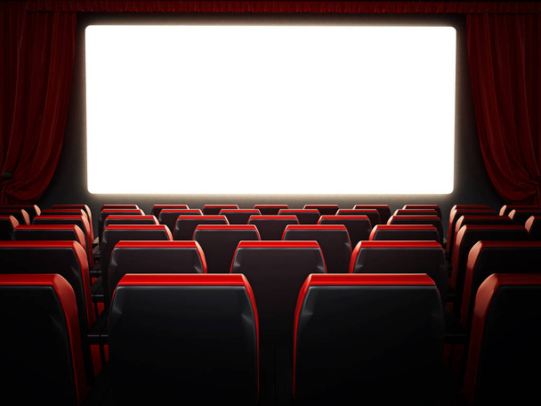 Порожній червоний кінотеатр сидіння і порожній екран кінотеатру. 3D ілюстрація
. - Фото, зображення