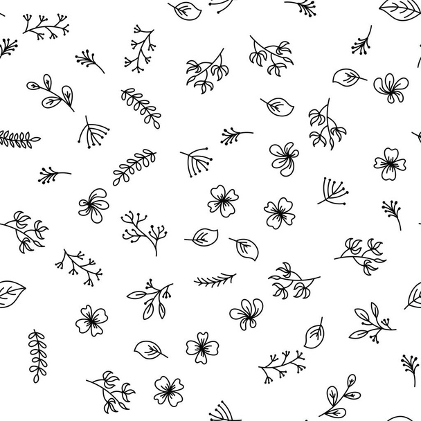 Hand drawing flowers pattern on white background. Tree branches, blooming flowers, foliage plants hand painting white and black pattern. - ベクター画像