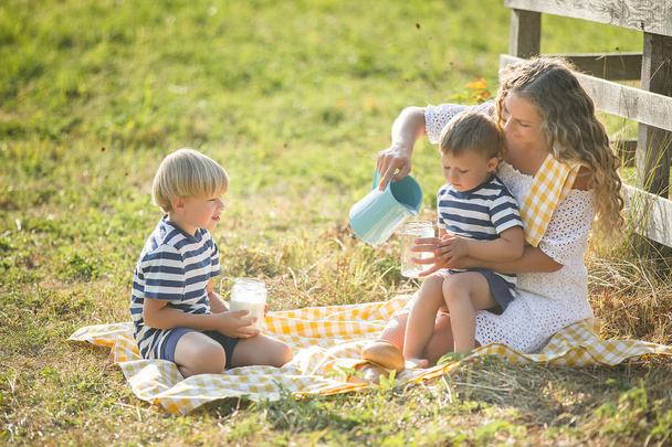 Nuori kaunis äiti, jolla on piknik pienten lastensa kanssa
.  - Valokuva, kuva
