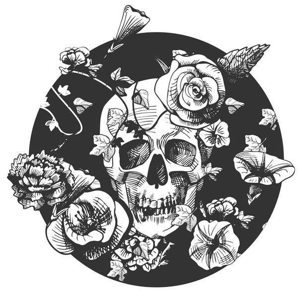 Vector illustration of a skull surrounded and covered with plants and flowers on black round background. Vintage engraving style - Vektor, Bild