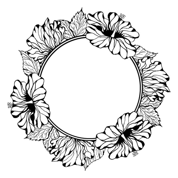 Цветущий цветок гибискуса с листьями, выделенными на белом фоне. Ручная чернильная ботаническая черно-белая монохромная иллюстрация
. - Фото, изображение