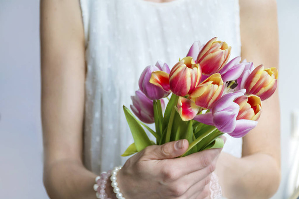 Bunch of beautiful  tulips in woman's hands - Zdjęcie, obraz